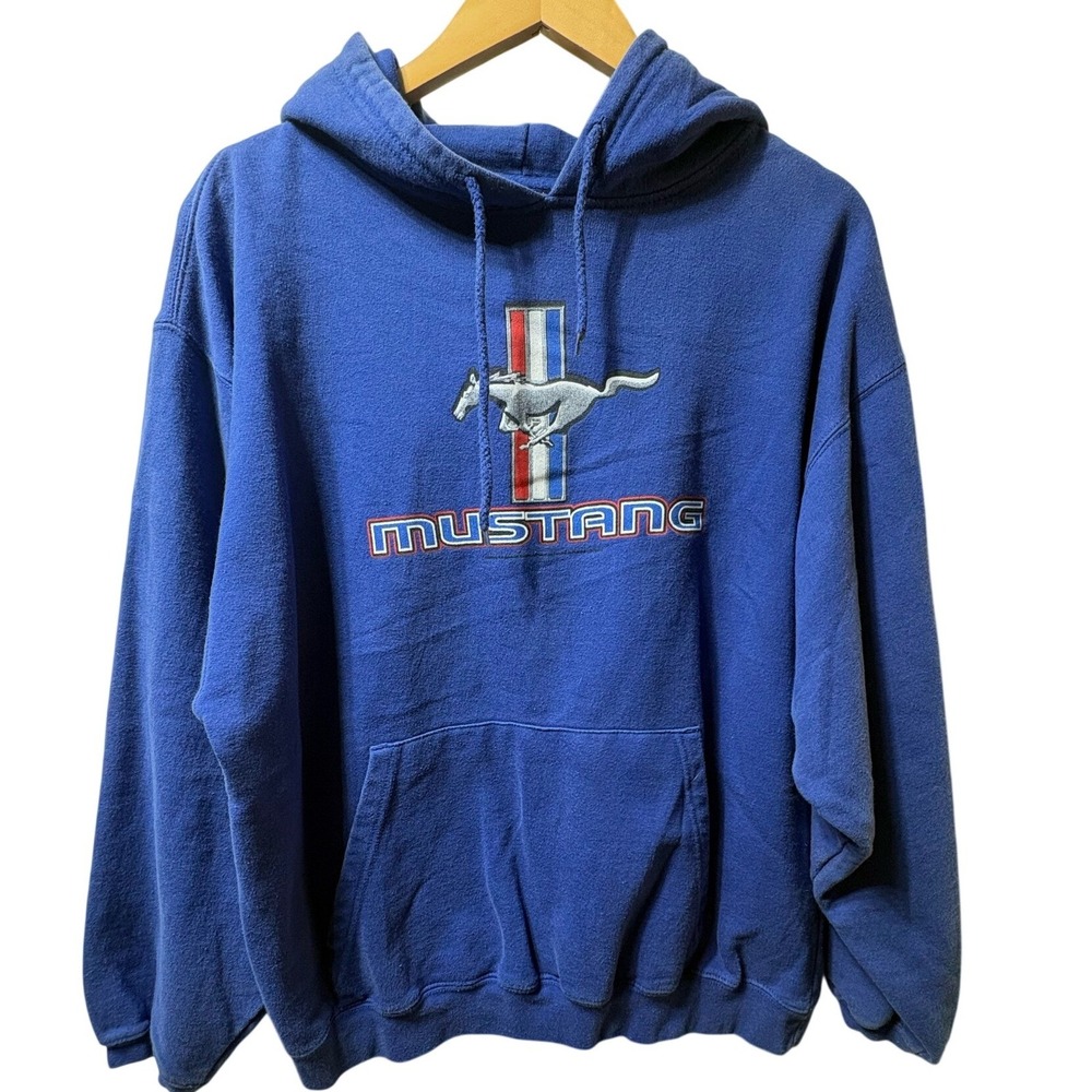 Ford Mustang Pullover Hoodie Mens Large Blue Cotton Blend Graphic Sweatshirt